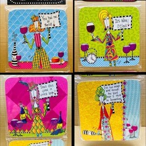 NIB S/4 Wine Coasters, Dolly Mama Brand, Funny Character & Captions, 4" x 4"